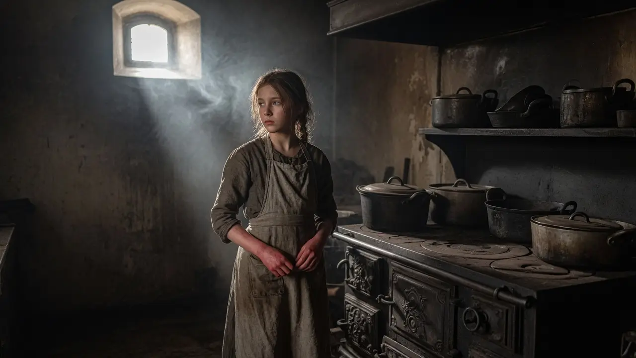 young girl standing in Victorian kitchen young girl standing in Victorian kitchen