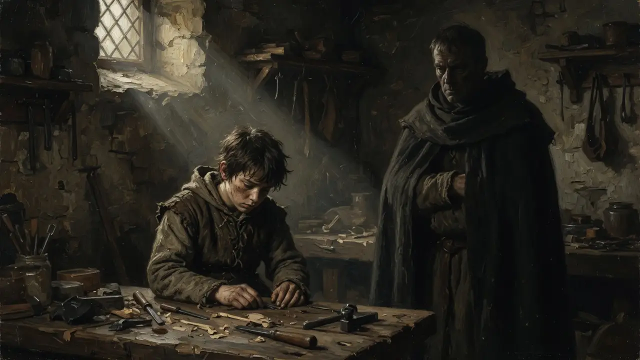 An exhausted guild young apprentice boy An exhausted guild young apprentice boy