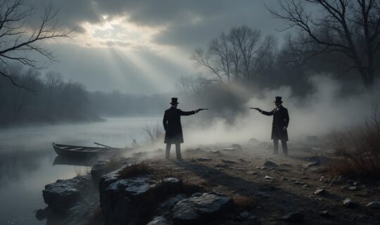 duel on a misty riverside cliff clearing