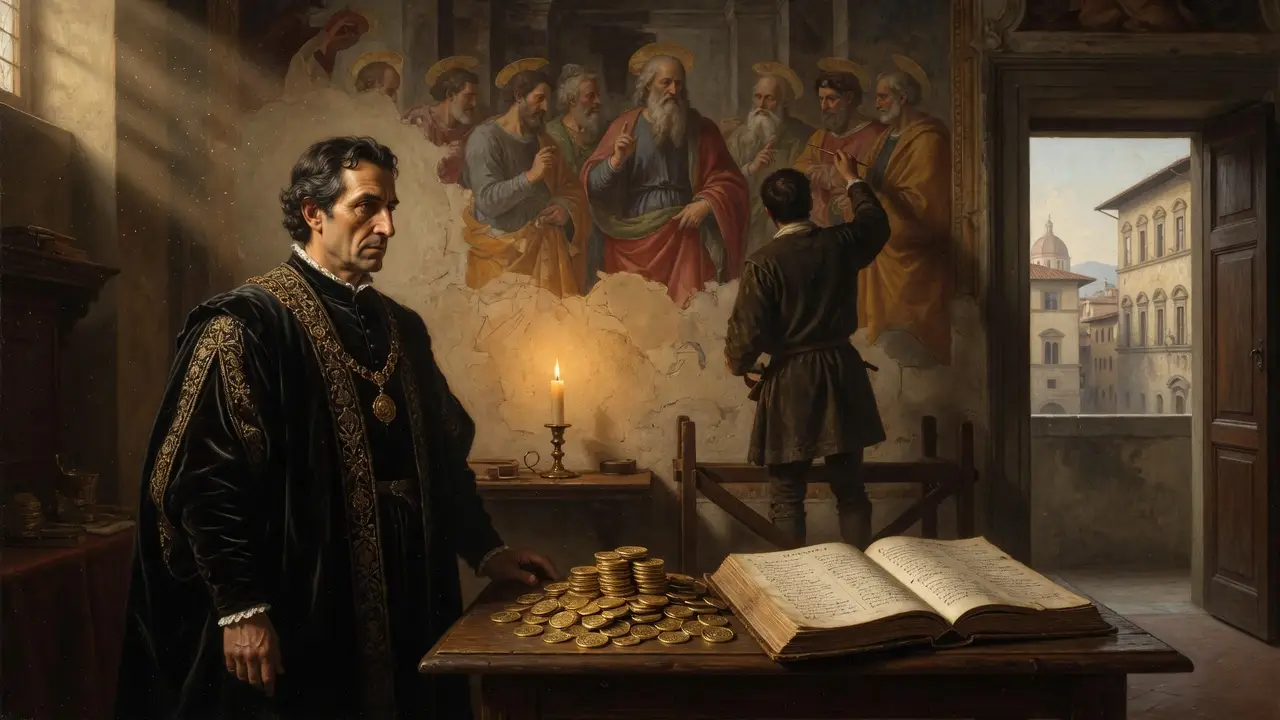 wealthy Florentine patron in dark velvet robes wealthy Florentine patron in dark velvet robes