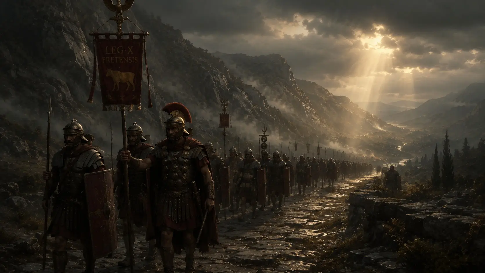 Roman legion marching along a stone road Roman legion marching along a stone road